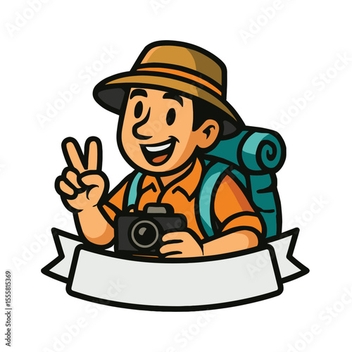Cheerful tourist mascot ideal for travel promotions, tourism branding, or adventure-themed merchandise. Wears a backpack and holds a camera, evoking fun, exploration, and wanderlust.
