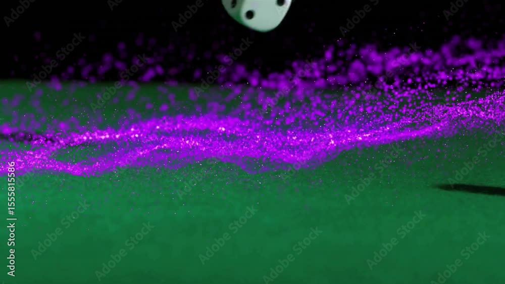 Descending white dice bouncing across green-felt while scattering purple particles to show motion