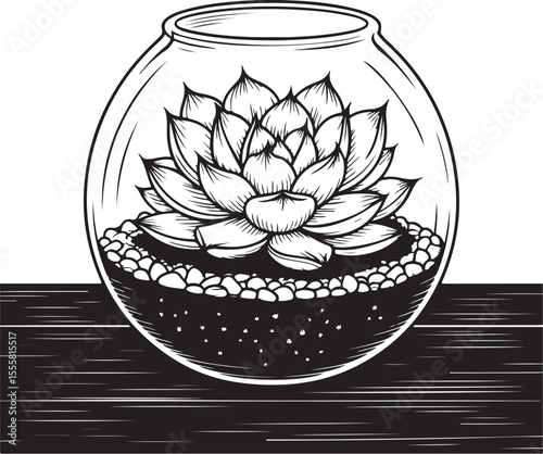 Hand-drawn succulent plant in a glass terrarium with pebbles and soil, black and white botanical illustration for home decor or coloring