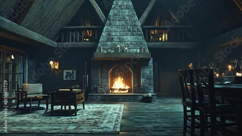 Interior of a rustic, wooden home with a stone fireplace and warm firelight