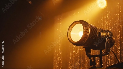 Dramatic spotlight illuminates a stage with shimmering curtain creating a warm, theatrical ambiance.