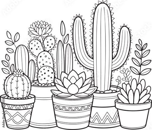 Collection of hand-drawn potted cacti and succulents with decorative pots, black and white botanical line art for coloring or home decor