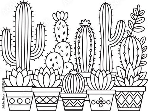 Collection of hand-drawn potted cacti and succulents with decorative pots, black and white botanical line art for coloring or home decor