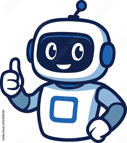 A friendly robot mascot giving a thumbs up, designed in a clean vector style with smooth lines, ideal for technology branding, apps, or AI services.