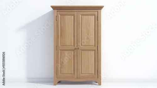 Warm, inviting image showcases a rustic wood cabinet against a stark white backdrop with soft light