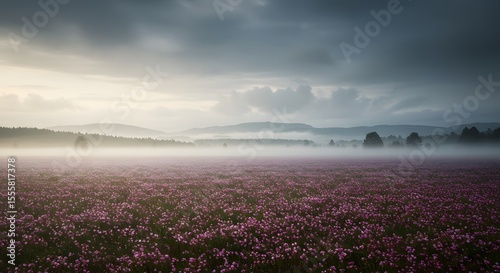 Purple Flower Field in Foggy Landscape