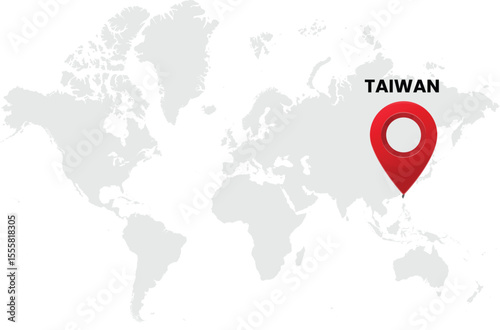 World map on white background. World map with country taiwan highlighted with location symbol. Vector illustration of map and pin location of taiwan country.