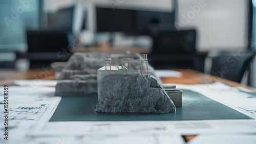 The video's blurred background shows an architectural dam model with a rugged terrains landscape on the blueprints.