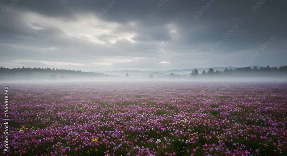 Naklejka premium Flower Field Misty Landscape Purple Bloom