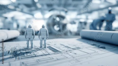 The video's blurred background shows a perspective from behind small models of engineers standing atop rolled-up blueprints.