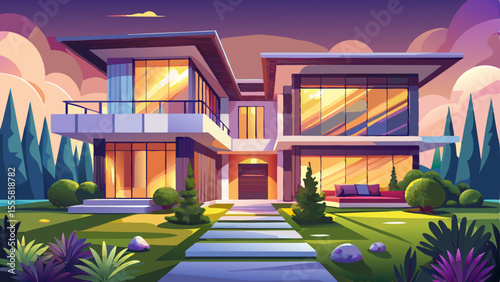 Luxurious modern house exterior with elegant lighting and well-designed garden landscaping in the evening. The contemporary architecture features clean lines, large windows