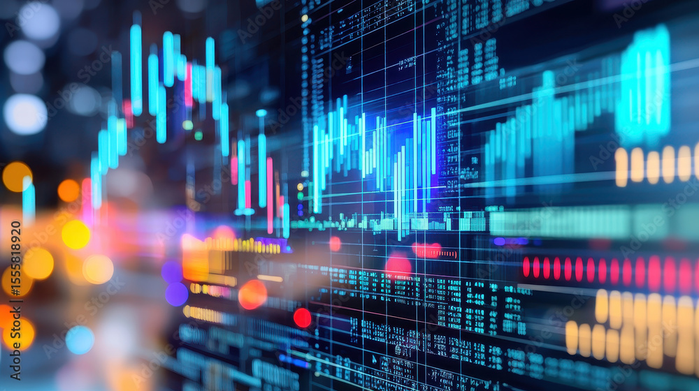 Fototapeta premium Digital data visualization with colorful graphs and charts representing market trends and analytics, creating dynamic