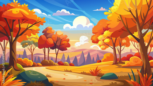 Sunny autumn day in nature with warm golden sunlight illuminating colorful fall foliage. Trees display vibrant shades of orange, red, and yellow, while a clear blue sky creates a perfect contrast