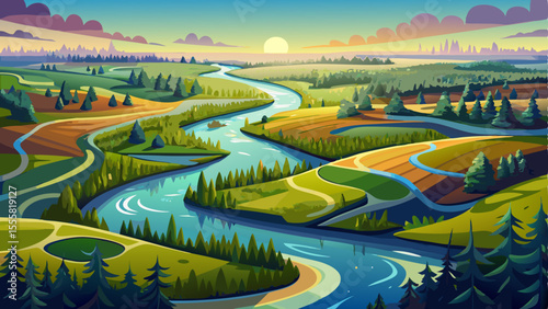 Curvy river and marshland. Aerial view of wildlife in Poland. Serene natural wetlands landscape with winding river patterns, lush greenery, rich biodiversity, and peaceful atmosphere