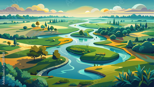 Curvy river and marshland. Aerial view of wildlife in Poland. Serene natural wetlands landscape with winding river patterns, lush greenery, rich biodiversity, and peaceful atmosphere