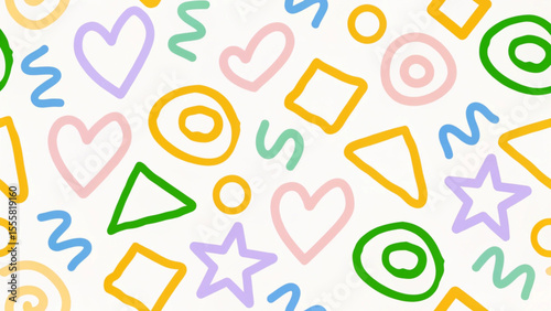Modern basic shapes set: star, triangle, circle, heart, zigzag, spiral, wavy lines. Trendy Memphis geometric pattern. Cool abstract background in retro 80s,style. Seamless kids doodle designs vector