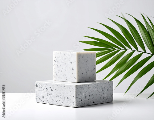 Grey Speckled Soap Bar with Green Palm Leaf on White Background