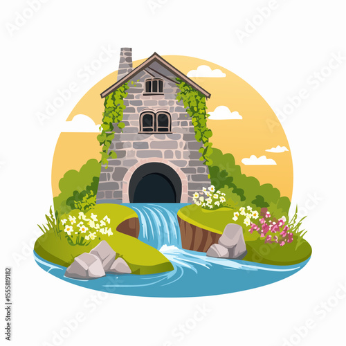 Enchanted Stone Mill Ivy-Covered Ruins by a Cascading Waterfall