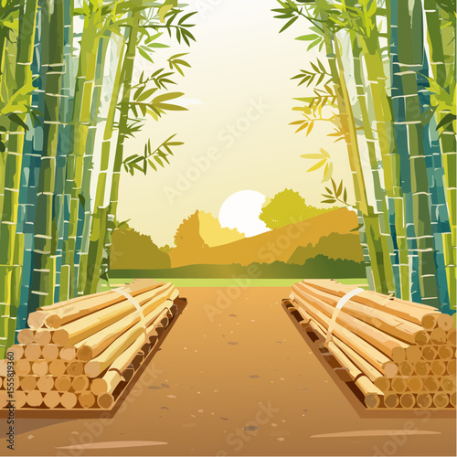 A vibrant vector illustration of bamboo stalks and leaves creates a serene, natural background, evoking a tropical forest or zen garden