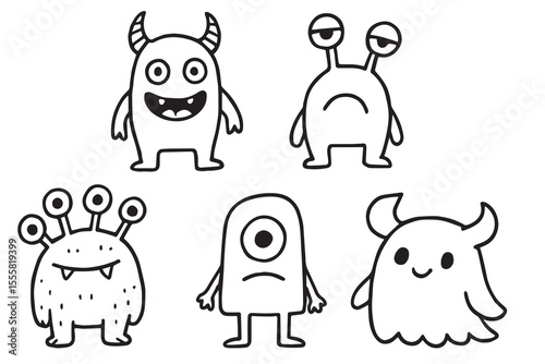 Vector set of cute monsters. Funny hand drawn line aliens for coloring. Set of decorative design elements. Vector