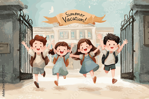 Watercolor children illustration – joyful start of summer vacation at elementary school