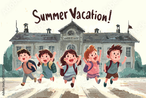Watercolor children illustration – joyful start of summer vacation at elementary school