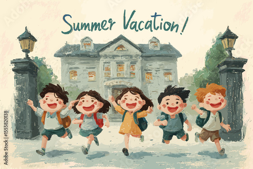 Watercolor children illustration – joyful start of summer vacation at elementary school