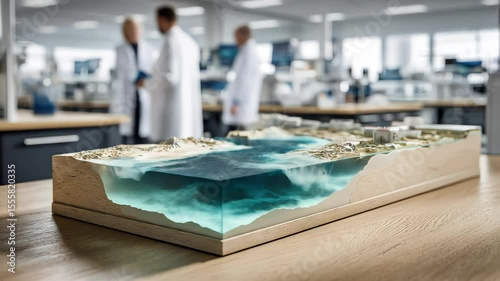 The video's blurred background shows a coastal landscape with a cross-section view of the ocean. A marine biology, hydrology, environmental studies, or coastal engineering. 