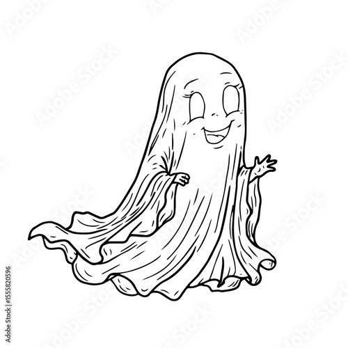 Funny ghost flying, black and white ink sketch. Vector illustration. A smiling ghost, isolated on a white background. Halloween theme, children's books, postcards, textiles and children's books