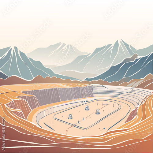 Vector illustration of a mountain landscape with a boat on a lake, featuring a scenic winter view of snow-capped mountains and a clear sky
