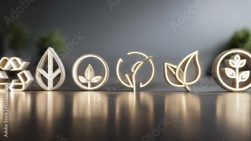 The video's blurred background shows a glowing icons with a natural and sustainability, nature, and environmental awareness themes.