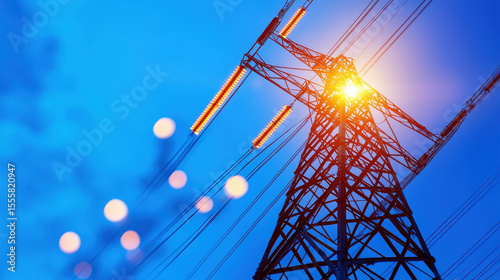 Towering electricity pylon stands against vibrant blue sky, radiating energy with glowing lights, symbolizing power