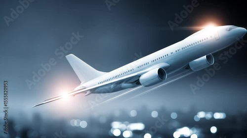 The video's blurred background shows a passenger plane in mid-flight, ascending at a notable inclination and illuminated by warm light flares.