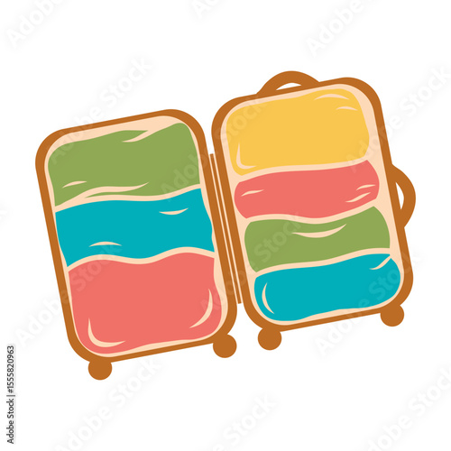 Open suitcase with folded things. Ideal for vacation, travel and adventure themes in retro doodle style. Flat design, isolated vector illustration on white background.