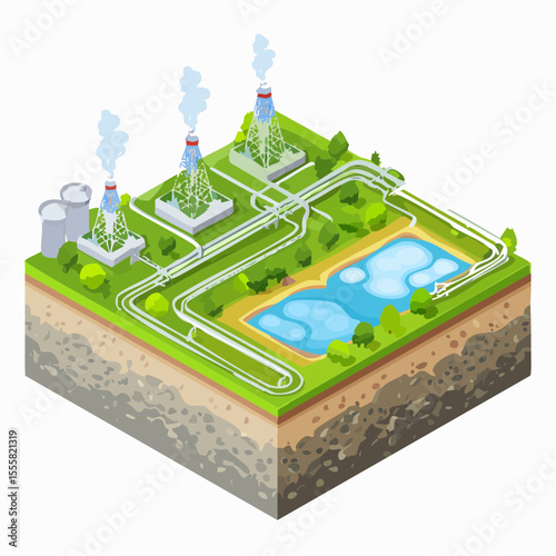 Geothermal Energy Plant Isometric Illustration of Sustainable Power Generation