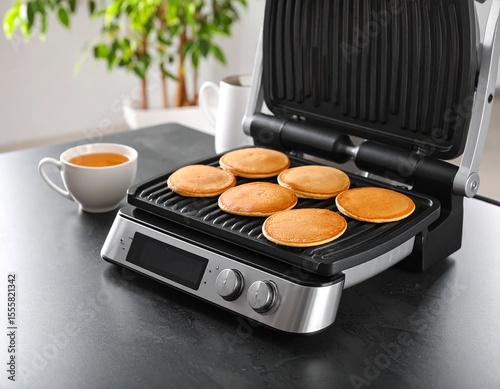 Electric griddle with pancakes cooking, syrup bowl nearby