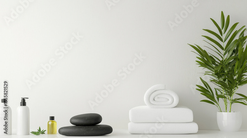 Serene spa room featuring white towels, hot stones, essential oils, and green plant, creating calming atmosphere