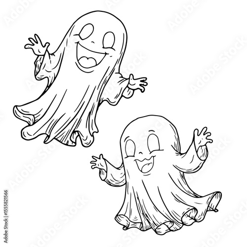Funny flying ghost, sketched in black and white ink. Vector illustration. A smiling ghost, the set is isolated on a white background. Halloween themes, children's books, postcards, and textiles