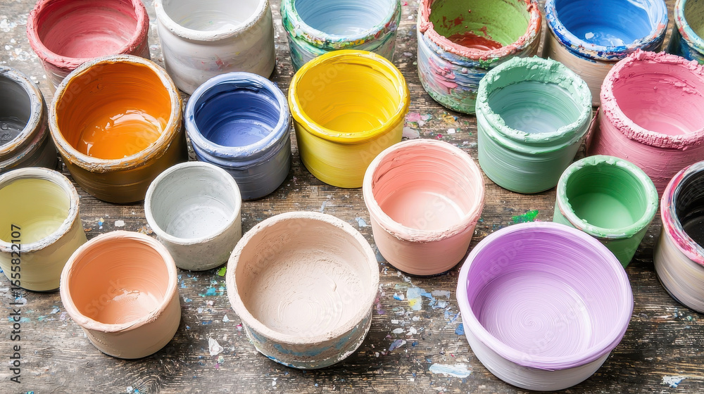 Colorful ceramic pots arranged on wooden surface, showcasing various hues and textures, perfect for art and design inspiration Colorful ceramic pots arranged on wooden surface, showcasing various hues and textures, perfect for art and design inspiration