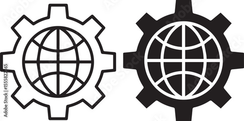gears with globe icons, one in blue and one in purple, digital global business, international technology, worldwide connectivity"