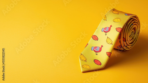 Vibrant yellow tie featuring playful turkey and potato patterns, perfect for festive occasions and adding fun touch to any
