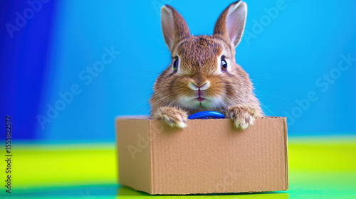 Cute rabbit sitting in cardboard box, looking playful and curious against colorful background