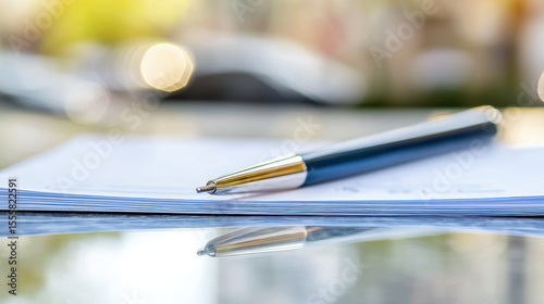 Close up of pen resting on stack of papers, reflecting light beautifully, creating serene and professional atmosphere