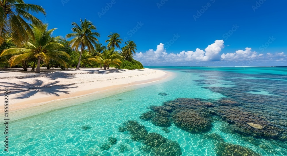 Fototapeta premium Serene Tropical Beach Paradise White Sand, Turquoise Waters, and Lush Palm Trees