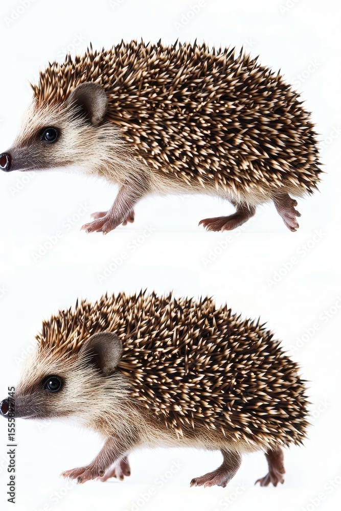 Obraz premium Two hedgehogs walking on white background