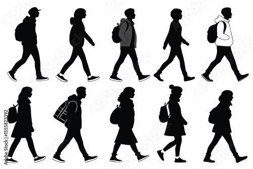 Students Walking to School Silhouettes