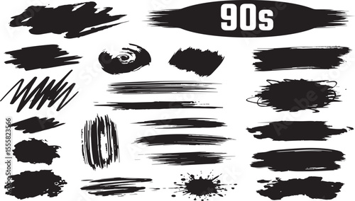 A collection of black ink brush strokes and splatters with the text 90s prominently displayed in a white oval shape