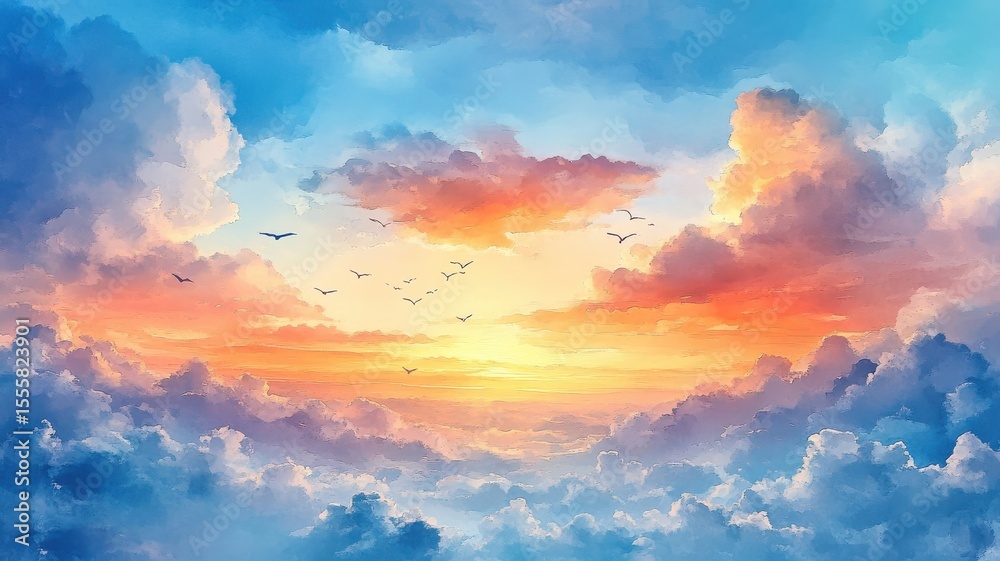 Sky rendered in watercolor style with soft, flowing gradients and gentle brushstrokes, creating a serene and atmospheric depiction. Sky rendered in watercolor style with soft, flowing gradients and gentle brushstrokes, creating a serene and atmospheric depiction.