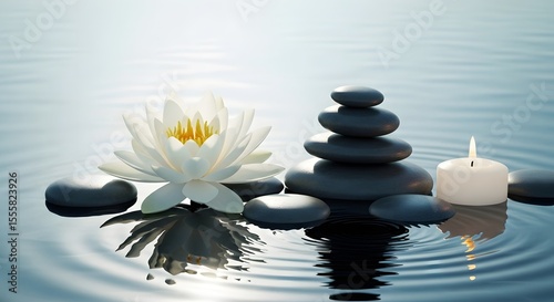 Serene Water Lily, Zen Stones, and Candle A Peaceful Meditation Scene