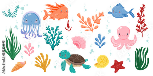 Vector set with jellyfish, octopus, turtle, fish, shells, starfish and sea plants. Perfect for kids design, games, prints and ocean themed content